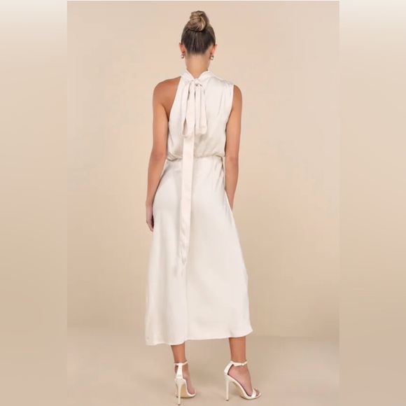 Greta Champagne Crinkle Satin Mock Neck Sleeveless Midi Dress Bridal Rehearsal - Picture 4 of 4